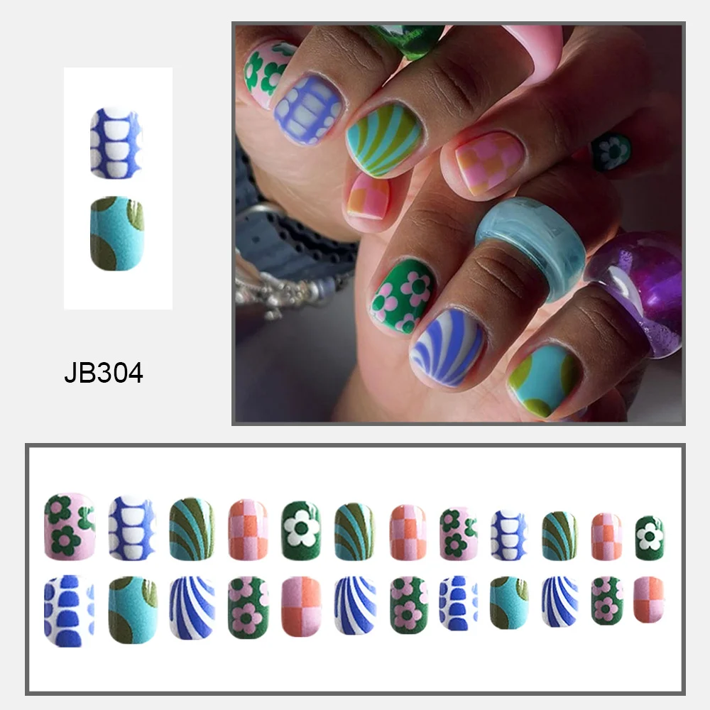 Churchf Churchf Oil Short Square Nail Flower Stripe Checkerboard Beautiful Nail Piece Wearing Nail Removable Nail Nail Products