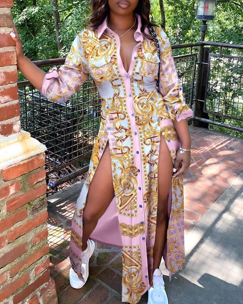 High Slit Scarf Print Buttoned Maxi Shirt Dress