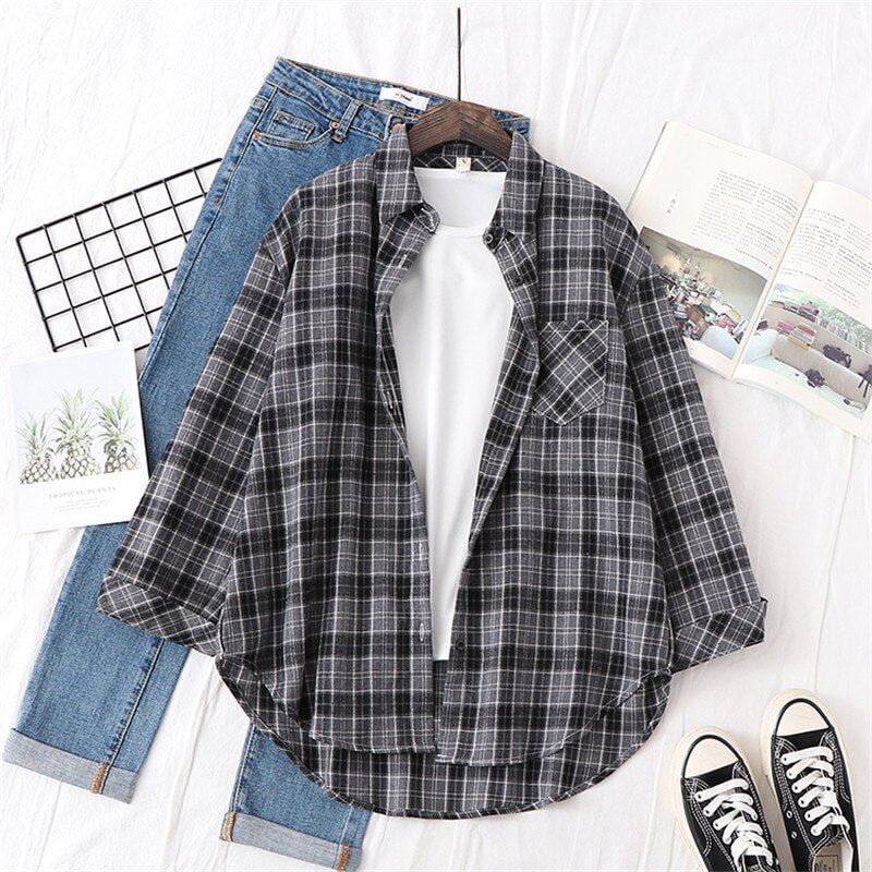 Women Blouses Shirts Womens Tops And Blouses 2020 Womenswear Long Sleeve Clothing Button Up Down Shirt Plaid Korean Female New