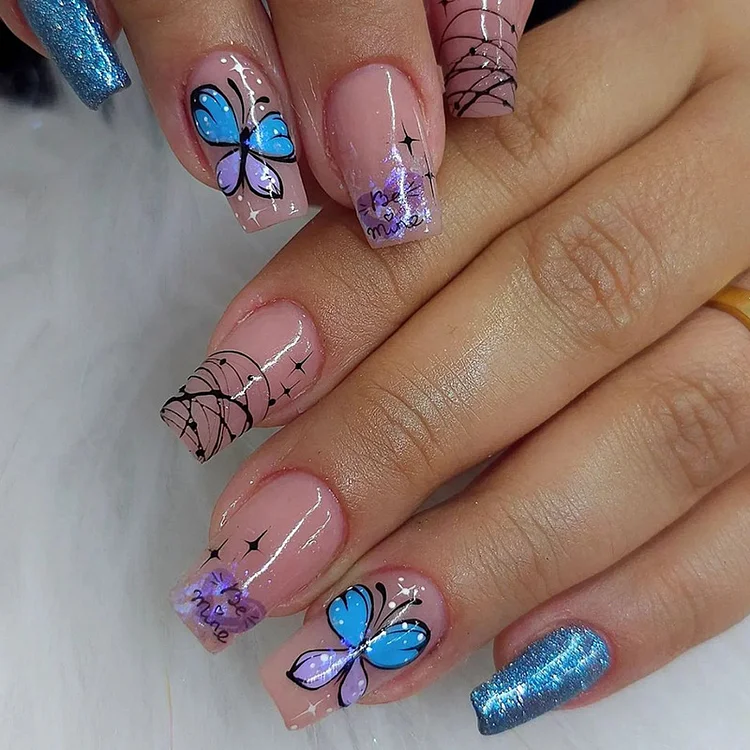 Blue Glitter Butterfly Press-On Nails