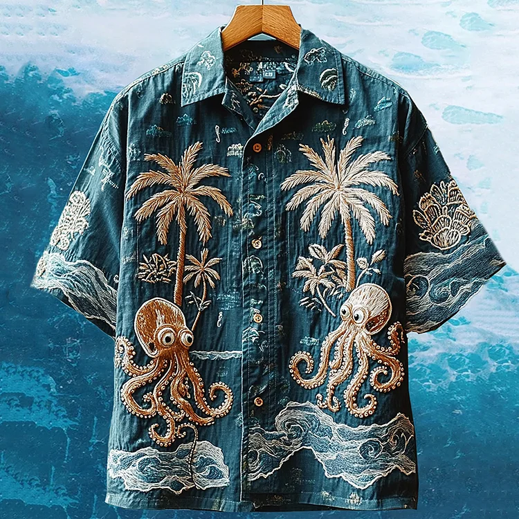 Men's Embroidered Ocean Octopus Hawaiian Summer Vacation Shirt