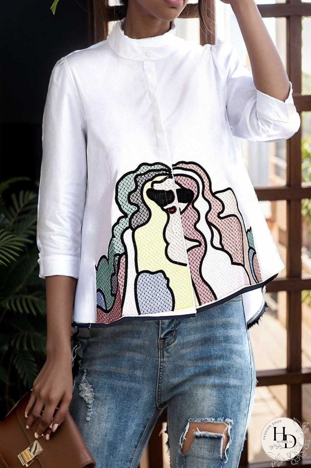 embroidered button mid sleeve casual blouse