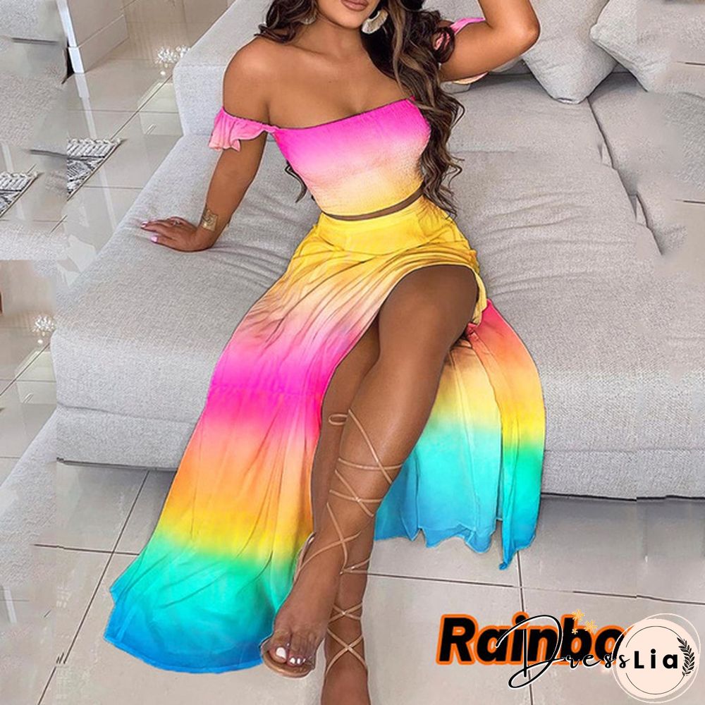 Newest Fashion Summer Women Elegant Two Pieces Sets Cropped Top & Split Skirt Temperament Drop-Shoulder Frilled Top And High Waist Split Dress