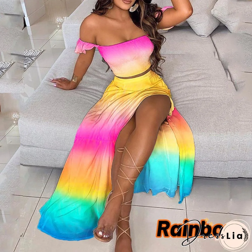 Newest Fashion Summer Women Elegant Two Pieces Sets Cropped Top & Split Skirt Temperament Drop-Shoulder Frilled Top And High Waist Split Dress