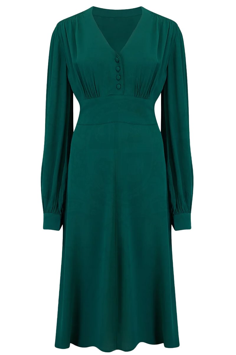 1950s Green Formal Buttons Tie-back Belt Polka Dot Fitted Waist A-line Midi Dress [Pre-Order]