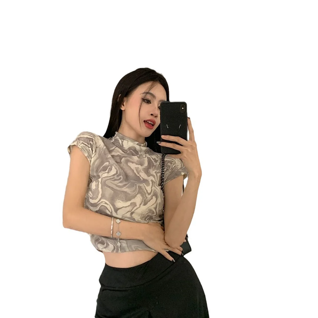 Uveng Uveng Girls Dizzy Dye Short Top 2024 Summer New Women's Design Sense Temperament Slim Half High Collar Short-Sleeved T-Shirt