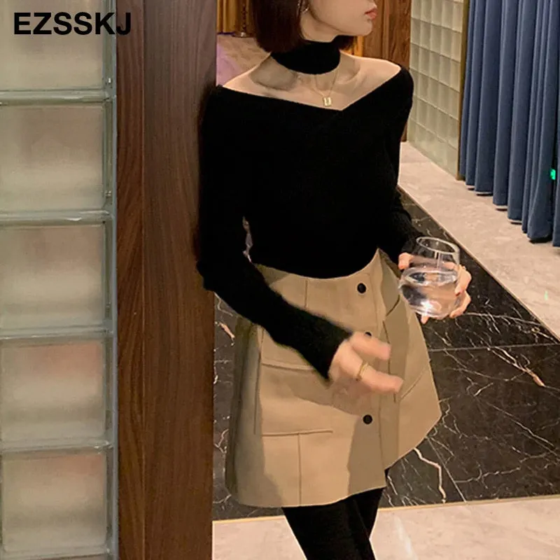 slim sexy Bib Sweater Pullovers Women  winter autumn Female 2021 sweater  long sleeve sweater top slash sweater