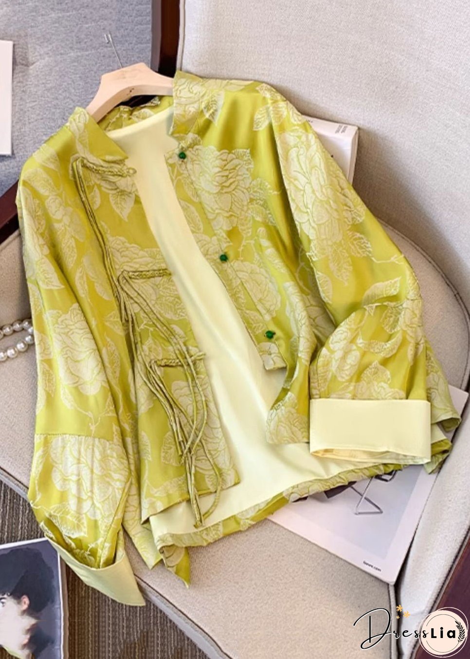 Vintage Yellow Tasseled Button Print Silk Coat Fall