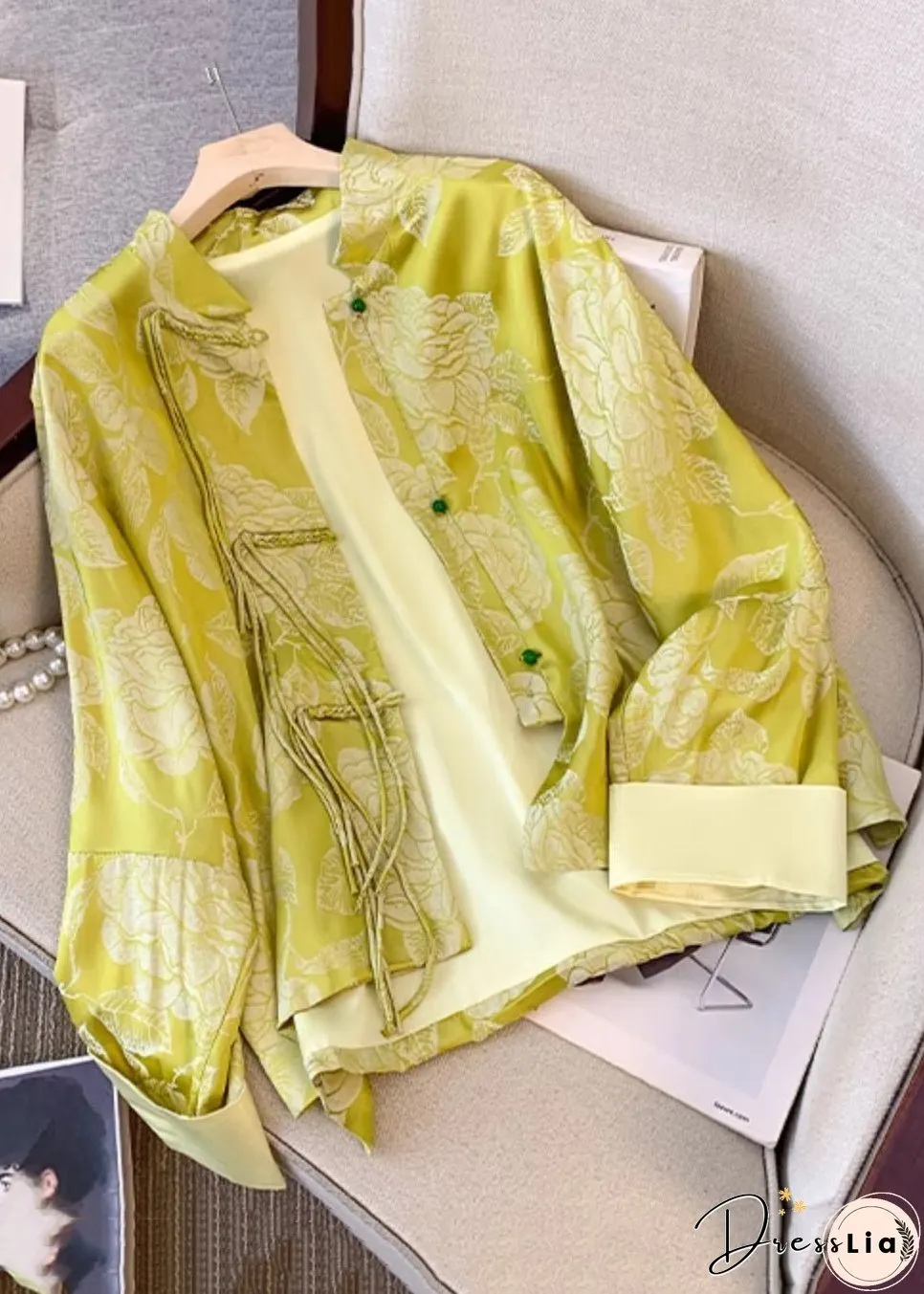 Vintage Yellow Tasseled Button Print Silk Coat Fall