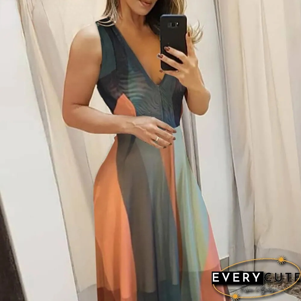 New V-neck Striped Color Matching Thin Shoulder Strap Long Dress Summer Dress Elegant Dress Women