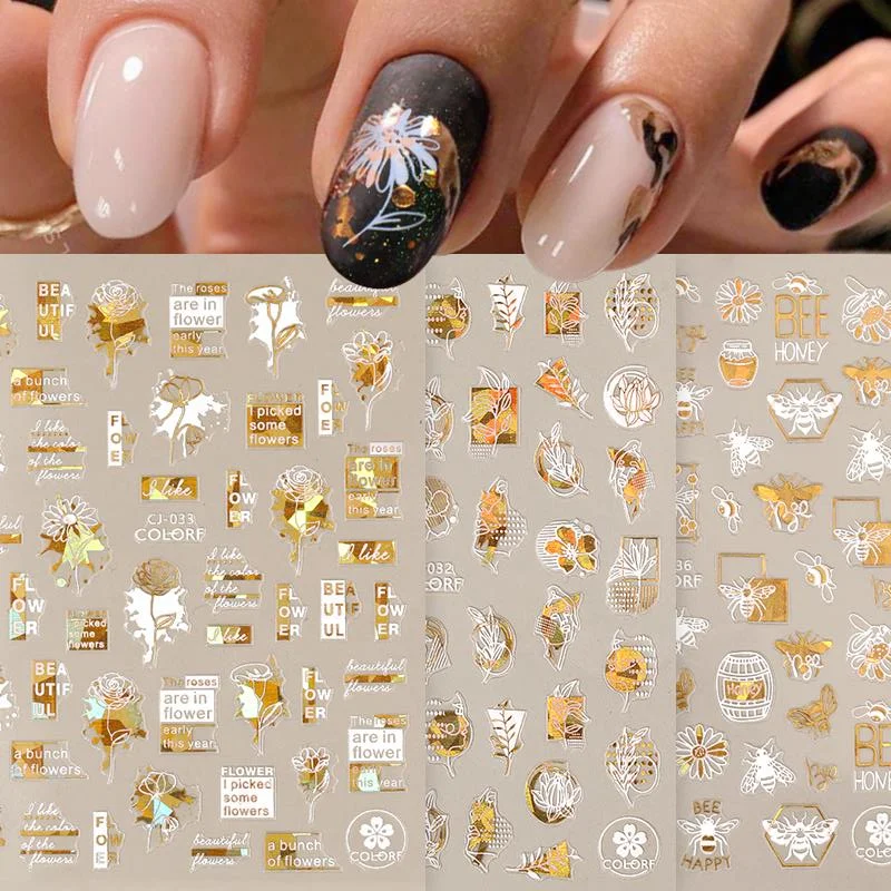 1PC 3D Nail Stickers White Gold Leaf Abstract Line Pattern Self-Adhesive Slider Nail Art Decorations Leaf Love Heart Nail Decals-Nail Inspo