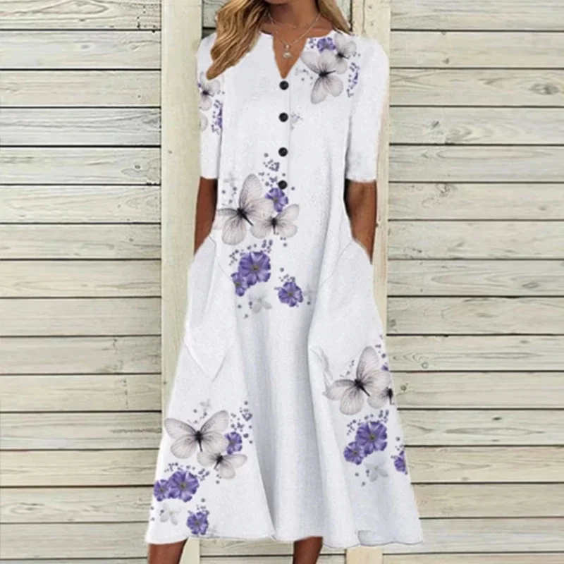 Romantic White Floral Print Midi Dress