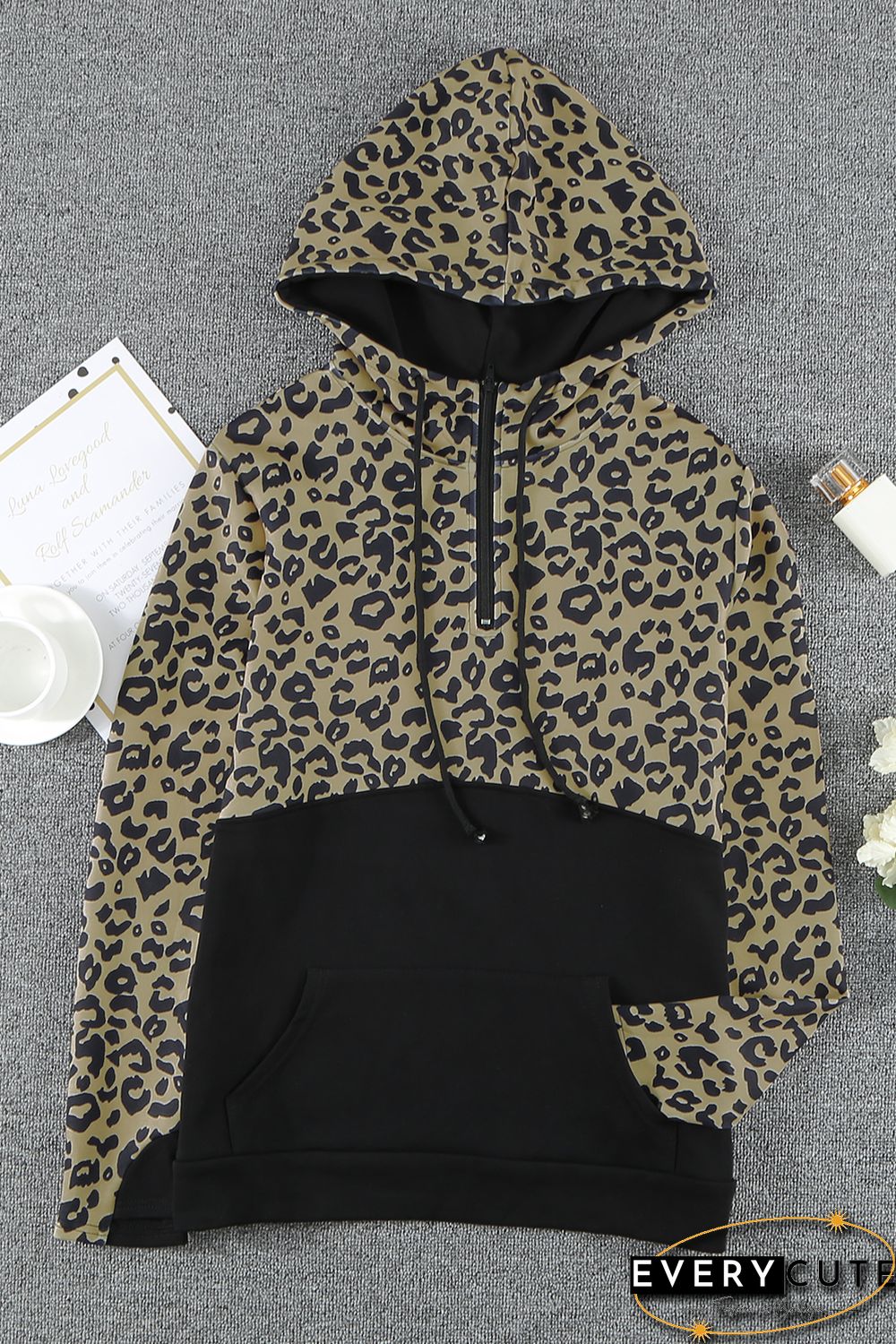 Leopard Print Color Block Patchwork Zip Collar Sweatshirt