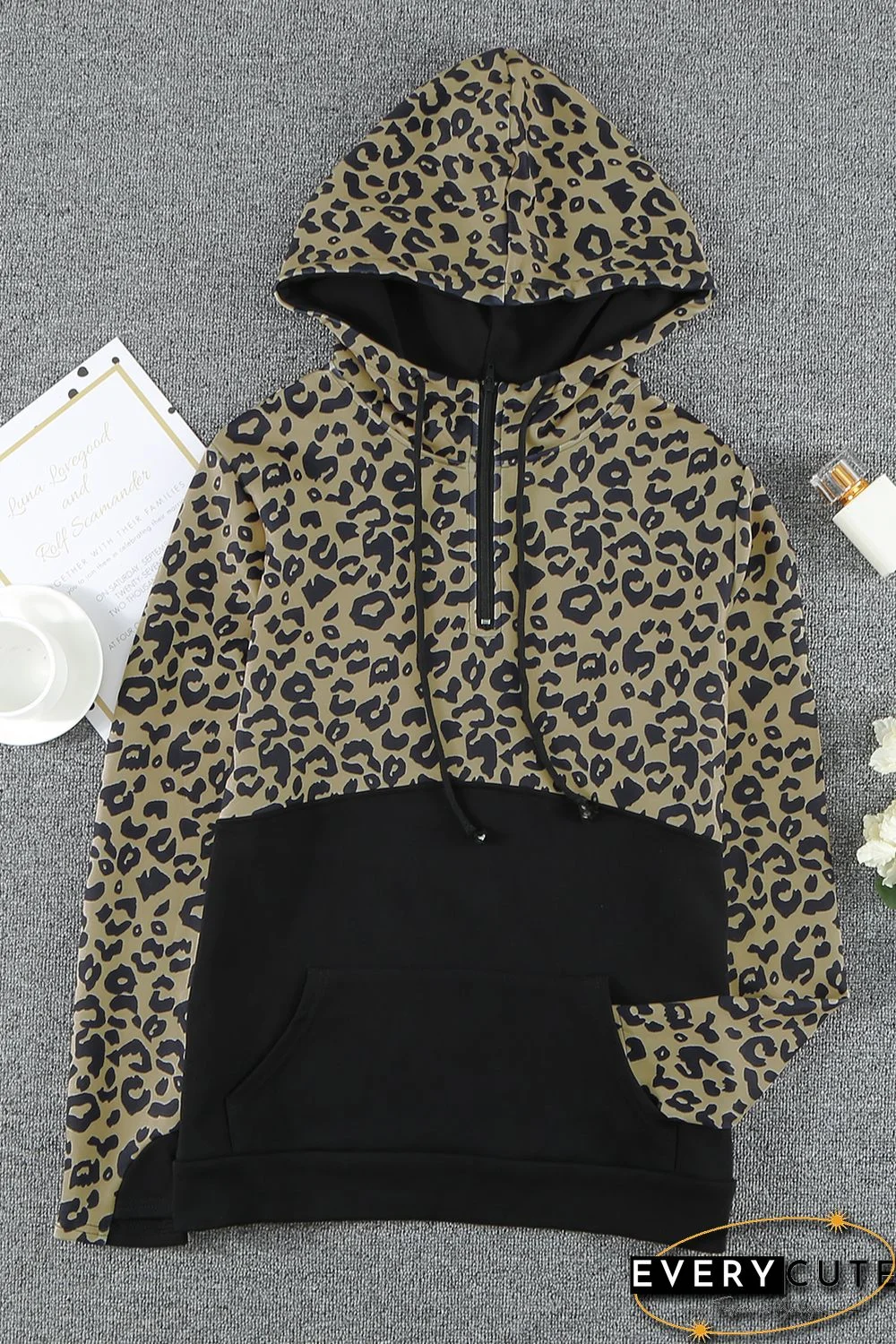 Leopard Print Color Block Patchwork Zip Collar Sweatshirt