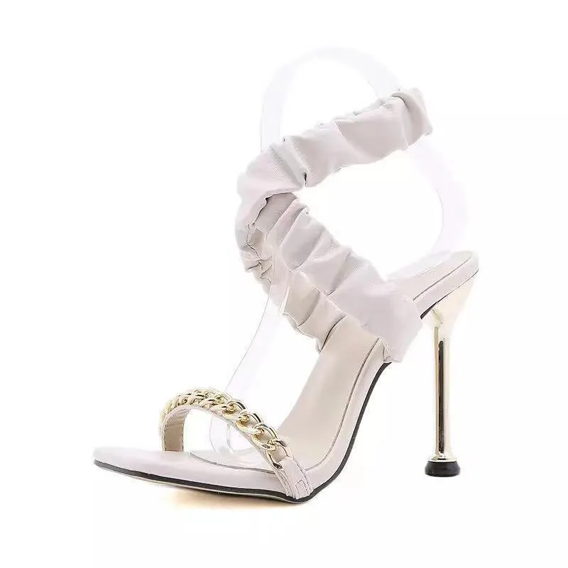 Women Slippers Sandals Chain Ladies High Heels Square Toe PU Shoes Summer Pumps Woman Plus Size Footwear Fashion New Shoe