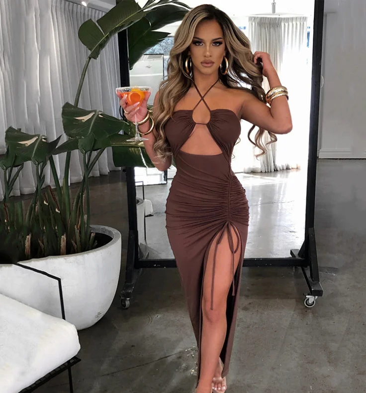 Uveng Uveng Sexy Hot Girl High Slit Wrinkle Hang Neck Type Temperament Show Chest Dress