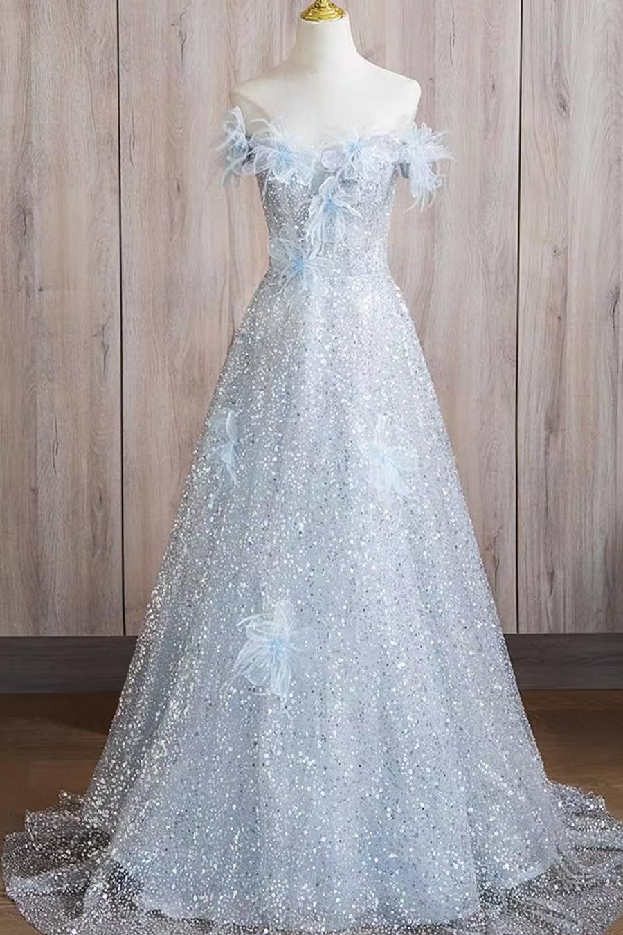 Lussooy Light Blue Exquiste Sequins Strapless Sleeveless Long Prom Dress with Flower 