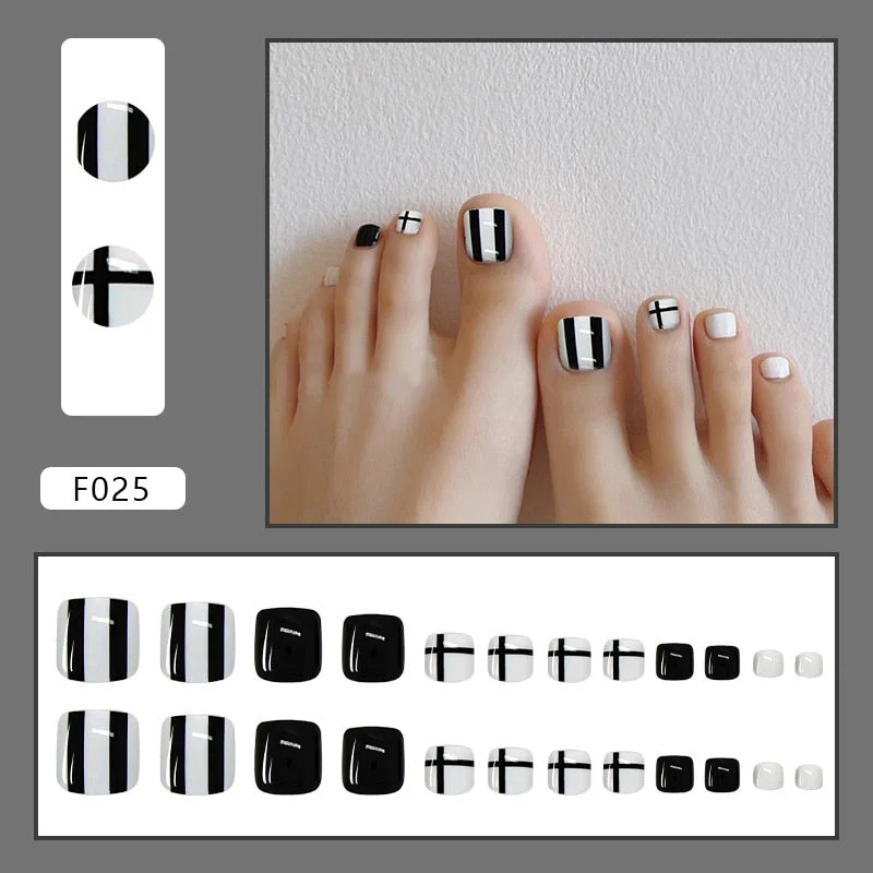 24pcs Plaid Printed Toenails Patch Removable Short  Full Finished Detachable Manicure False ToeNails Tips Press On Toe Nail-Nail Inspo