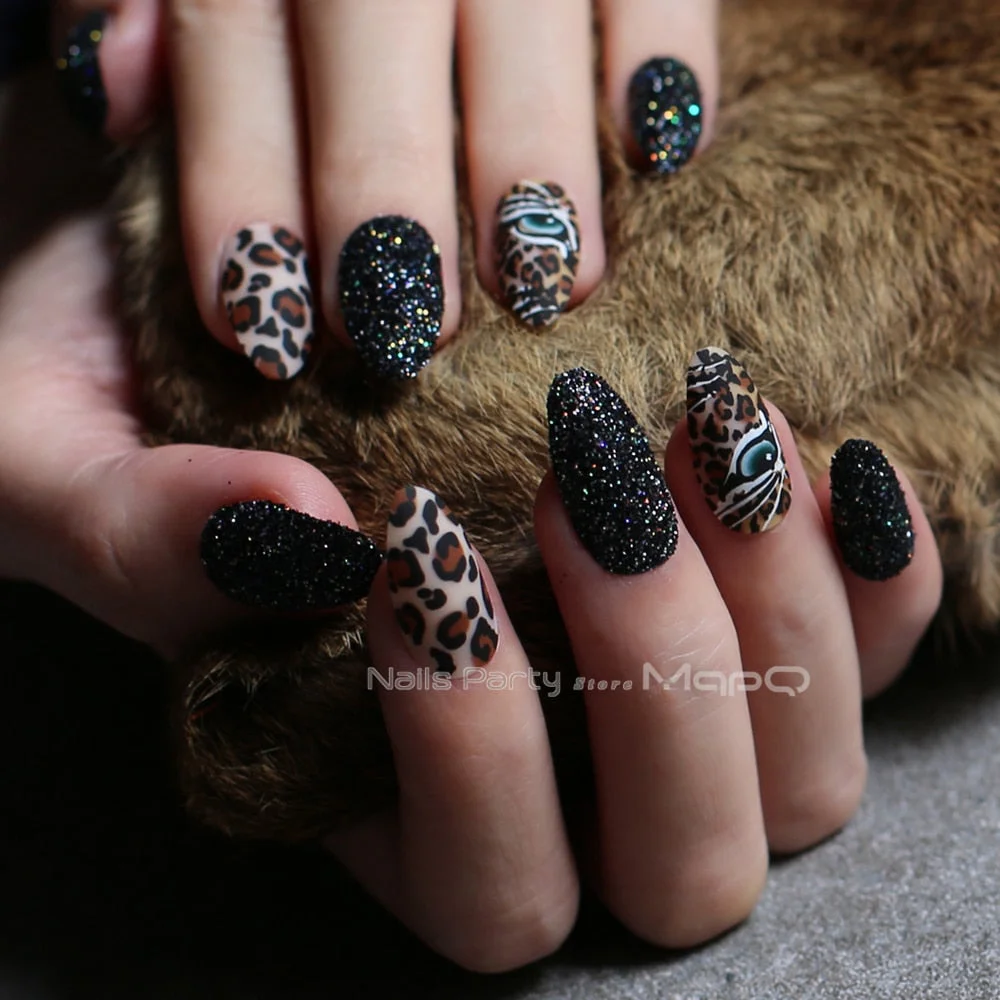 Matte tiger Nail Acrylic Fake nail black box Leopard Accent Press on Nails coffee flash stiletto false nails brown glitter Gold-Nail Inspo