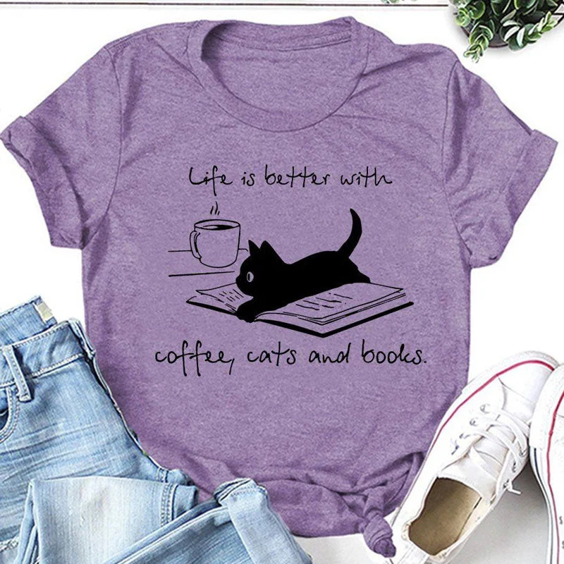 Coffee Cat Book Letter Print Women Slogan T Shirt
