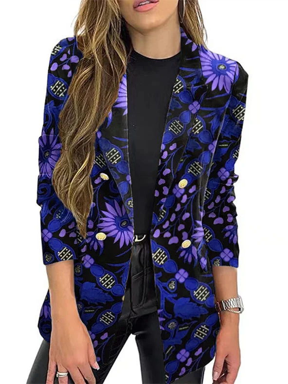 Women Long Sleeve Shirt Collar Floral Printed Striped Graphic Top Coats