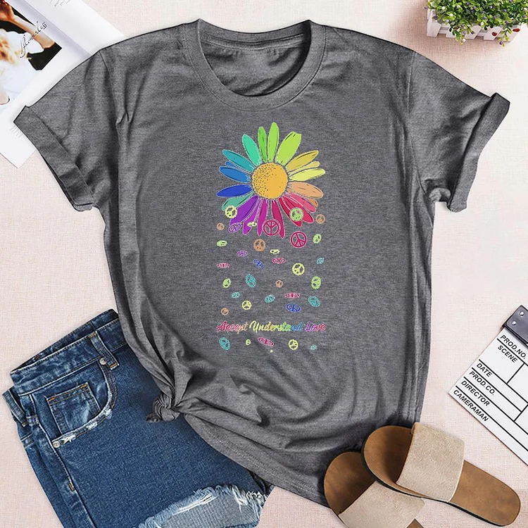 Peace Accept Understand Love For Men And Women T-shirt Daisy Rainbow Autism T-Shirt Tee - 01030-Annaletters