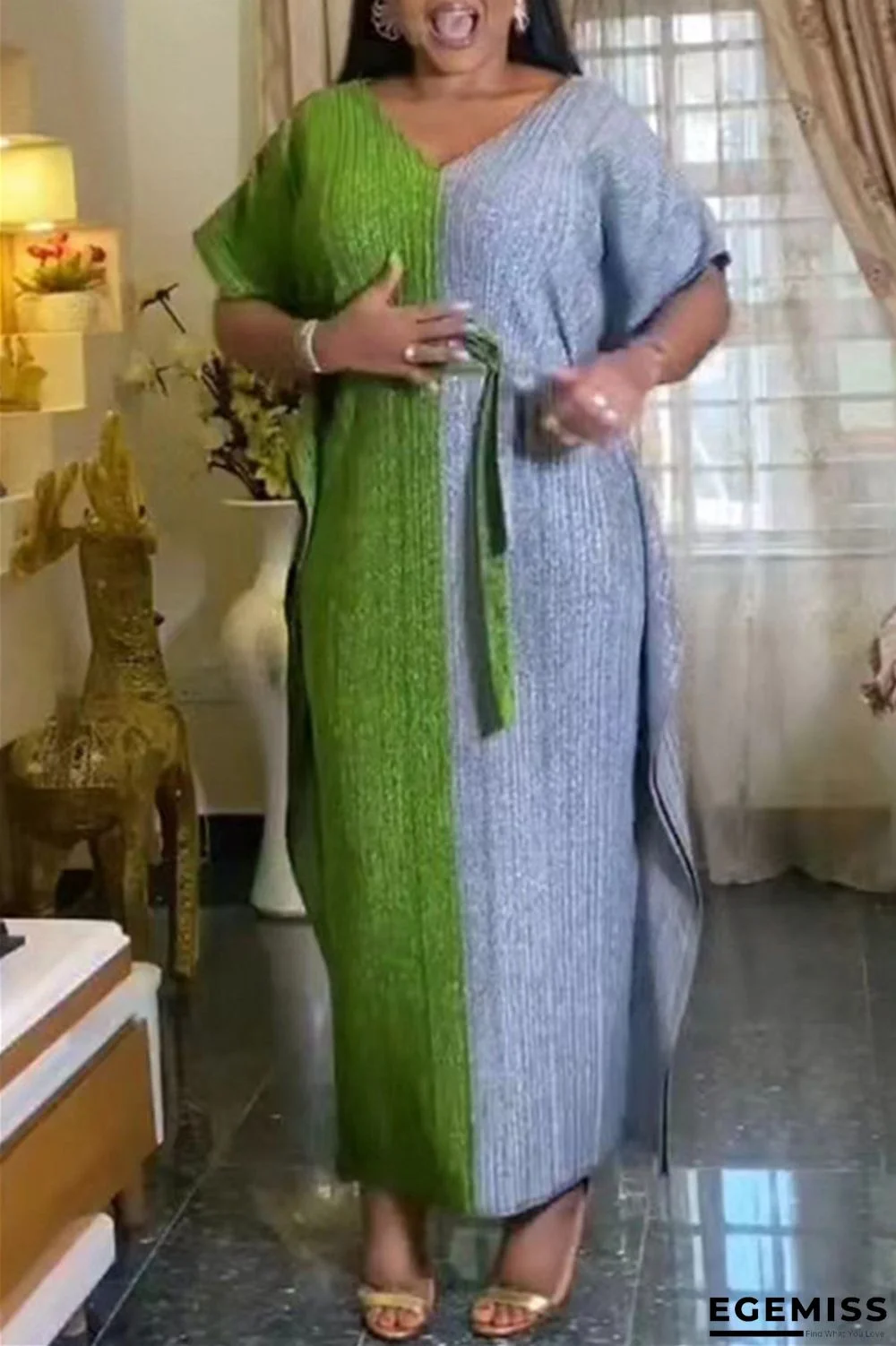 Green Yellow Casual Solid Patchwork V Neck Long Dress Dresses | EGEMISS