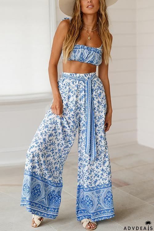 Off Shoulder Floral Print Knot Pants Set