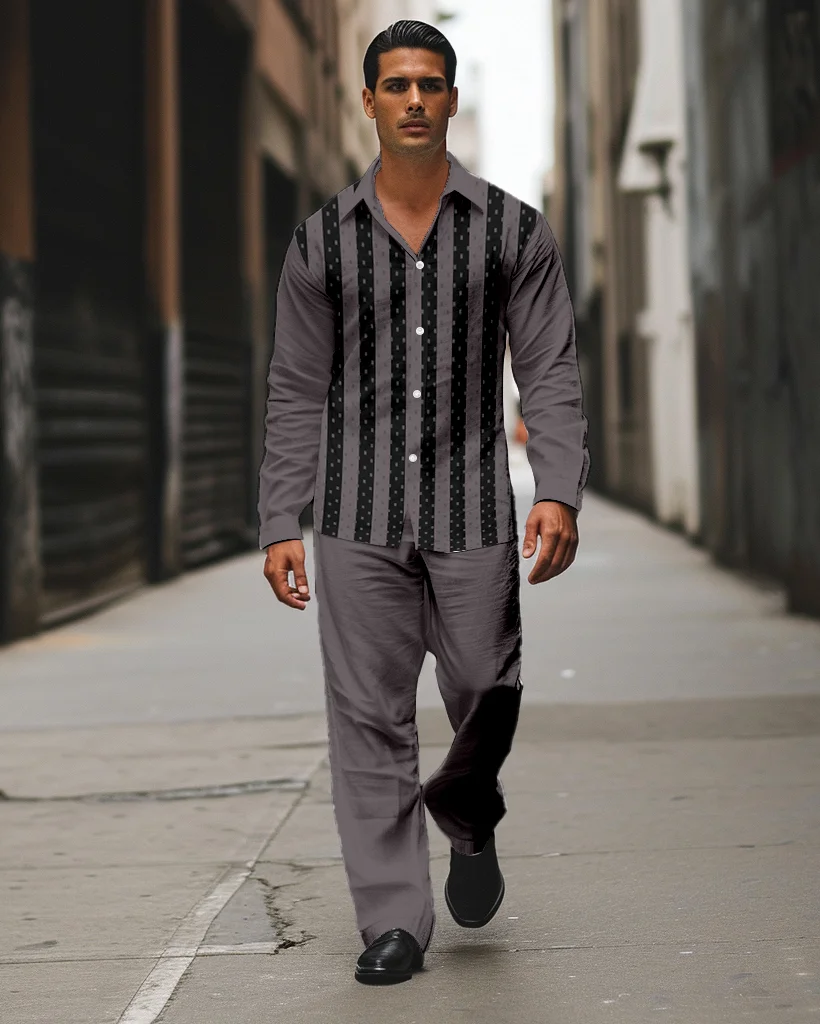 Men's Striped Printed Long Sleeve Shirt Walking Suit 600