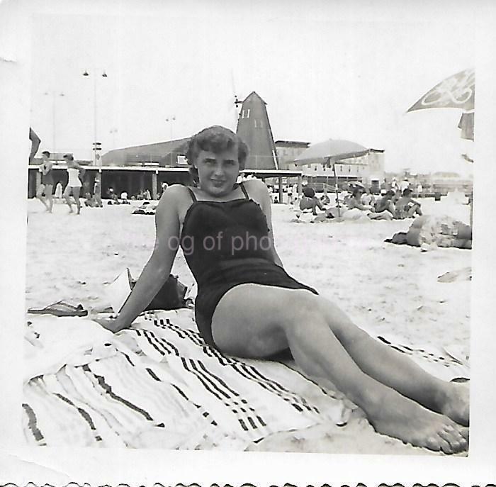 Vintage FOUND Photo Poster painting bw MID CENTURY WOMAN Original Snapshot BEACH GIRL 19 19 P