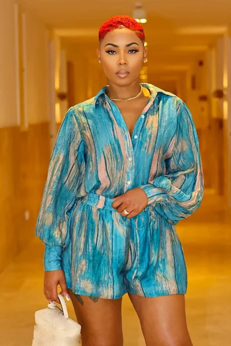 Tie Dye Print Lantern Sleeve Blouse High Waist Shorts Casual 2pcs Set-Blue