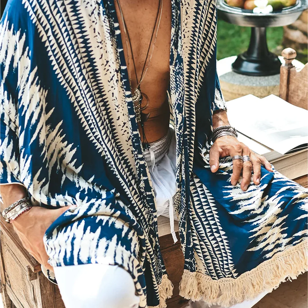 Linen Tribal Print Robe Kimono-inspireuse