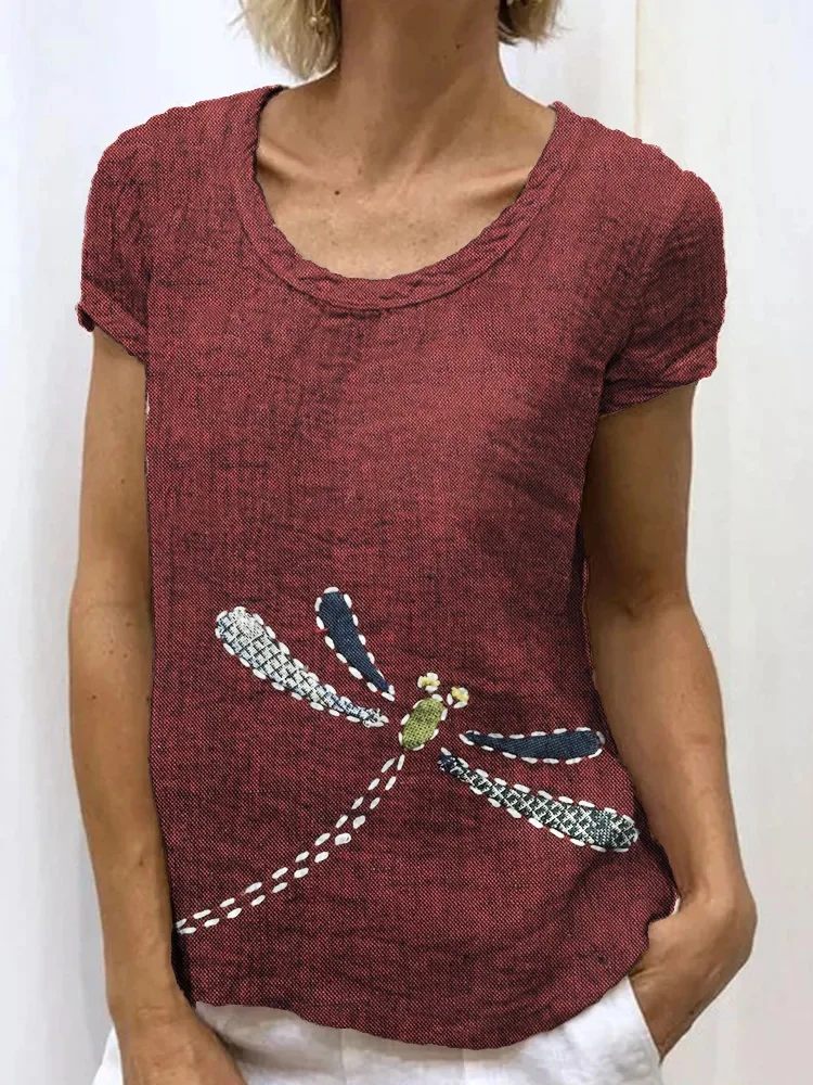 Vintage Dragonfly Patchwork Japanese Sashiko Art Linen Blend Shirt