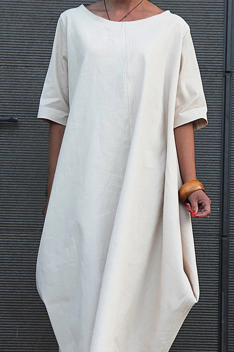 Cotton Linen O Neck Short Sleeve Dress
