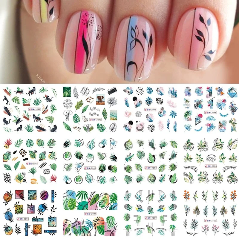 12 Designs Nail Stickers Set Mixed Floral Geometric Nail Art Water Transfer Decals Sliders Flower Leaves Manicures Decoration-Nail Inspo