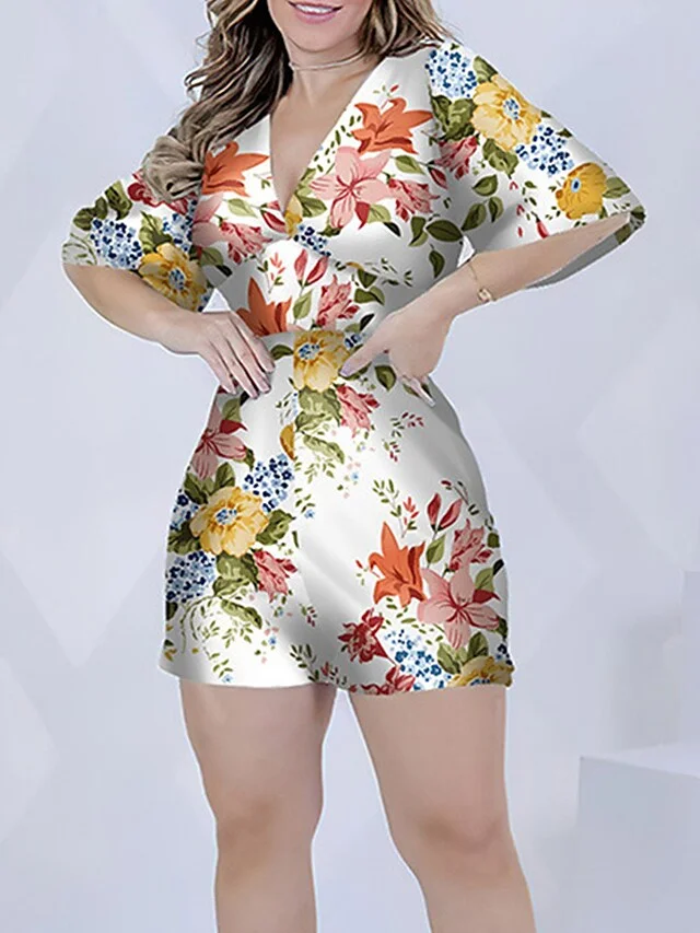 Women's Romper High Waist Print Floral V Neck Streetwear Daily Going out Regular Fit Half Sleeve Black White Yellow S M L Spring | IFYHOME