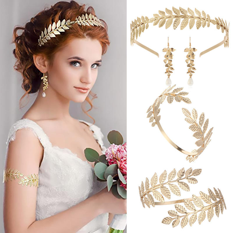 Elegant Grecian Leaf Bridal Tiara & Pearl Earrings Set - Baroque Gold