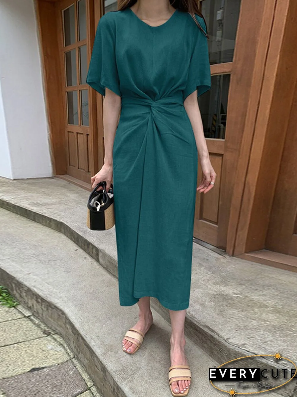 Cotton Solid Bowknot Short Sleeve Maxi Dress