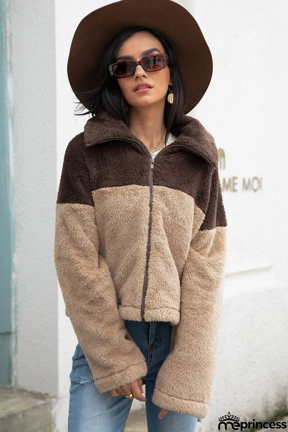 Two-Tone Collared Neck Fuzzy Jacket