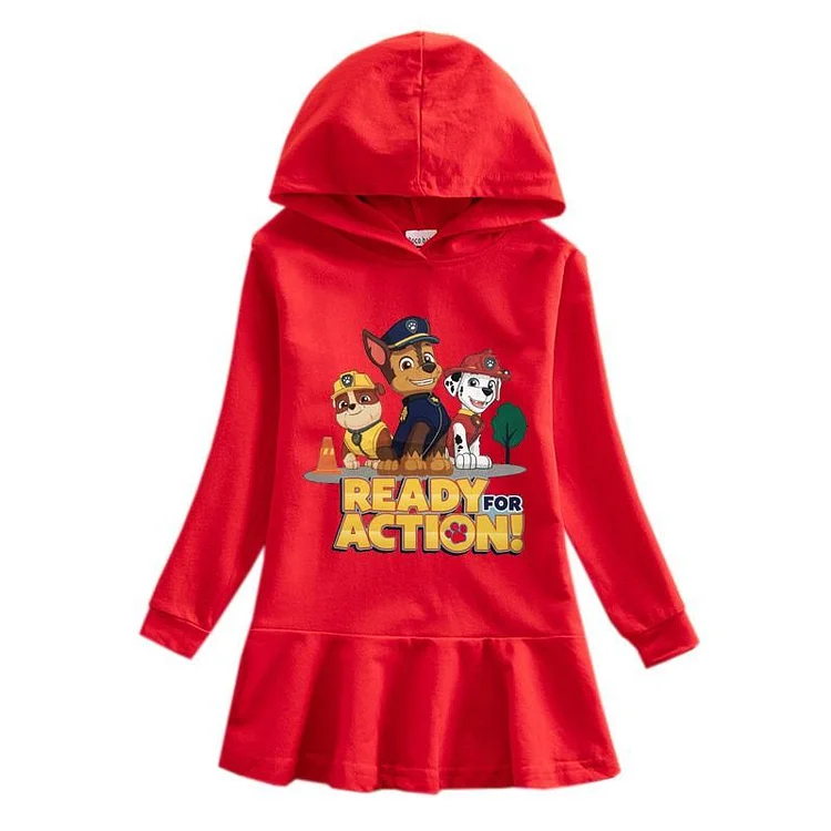 Dogs Ready For Action Print Girls Toddle Hooded Frill Hem Dress-Mayoulove
