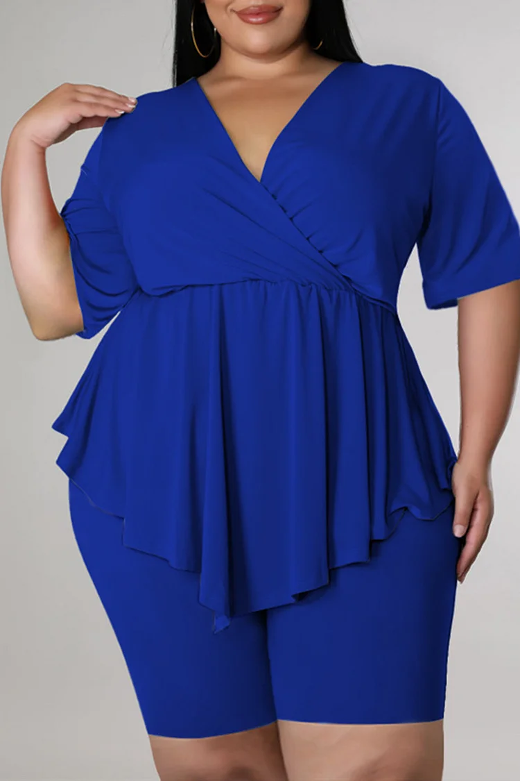 Blue Fashion Casual Solid Split Joint Asymmetrical V Neck Plus Size Two Pieces