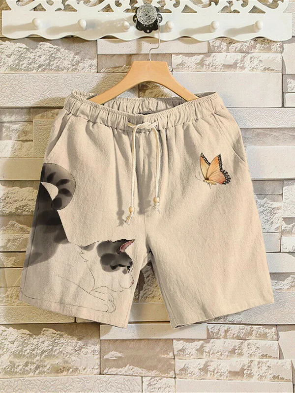 Men's Cat Butterfly Watercolor Art Print Shorts