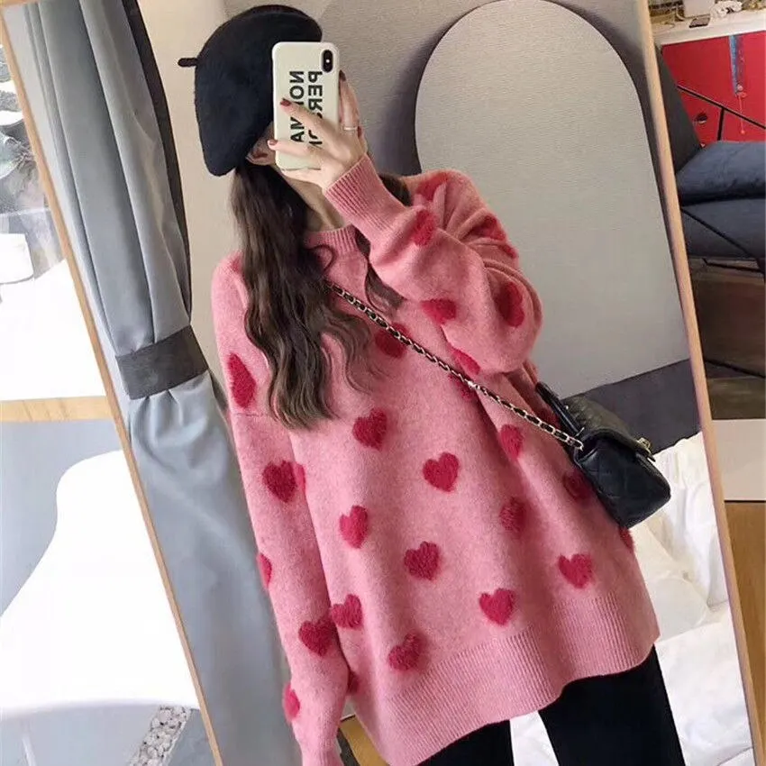 Knitted Sweater Women Printed Pullovers Ladies Heart Print Warm Outfits O Neck Sweat Style Jumper Korean Streetwear Sueter Mujer