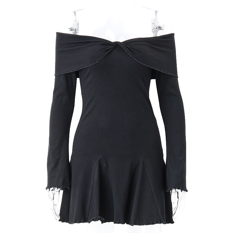 Ootddress Black Knit Ruffled Mini Dress Women Patchwork Off-Shoulder Loose Slim Fashion Ribbed Dress Knitwear Clothes Female Dress
