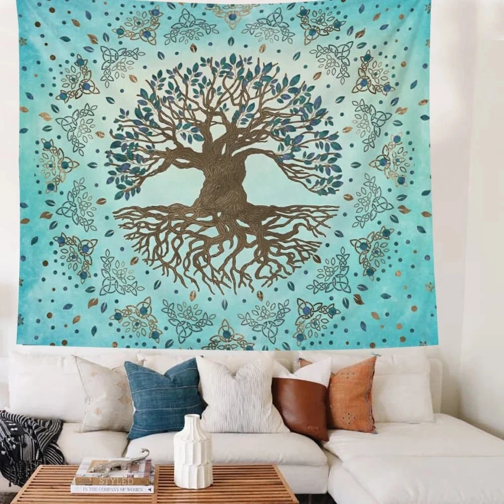 Life Tree Tapestry Psychedelic Blue Teal Wall Covering Mandala Home Decor Wall Blanket Tapestry Bohemian Bedroom Wall Hanging