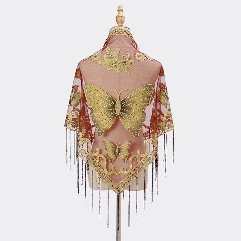 New Tassel Triangle Scarf Solid Color Hollow Lace Butterfly Embroidered Triangle Shawl Scarf For Women