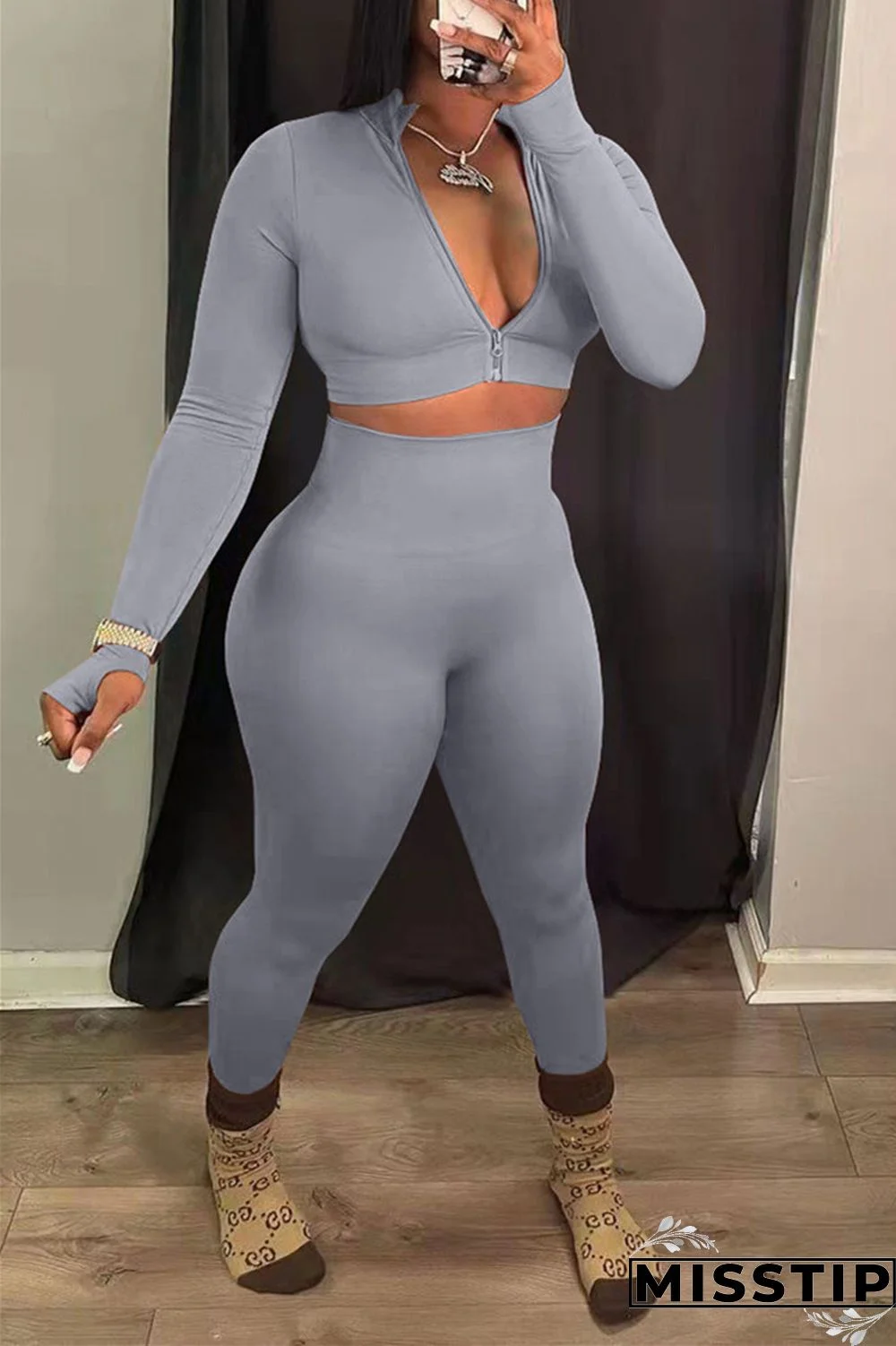 Grey Fashion Casual Solid Basic Zipper Collar Long Sleeve Two Pieces