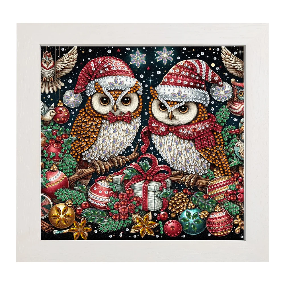 5D DIY Partial Special Shaped Drill Diamond Painting Xmas Owl Home Kit 19.2x19.2cm【With Frame】