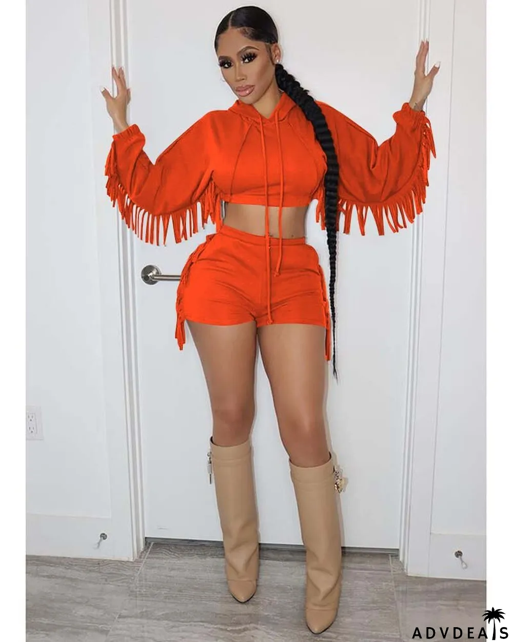Pure Color Tassels Hooded Shorts Two-piece Suit