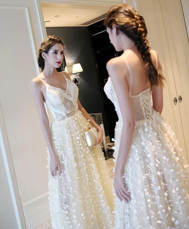 Stylish Champagne Tulle Lace Long Prom Dress, Evening Dress